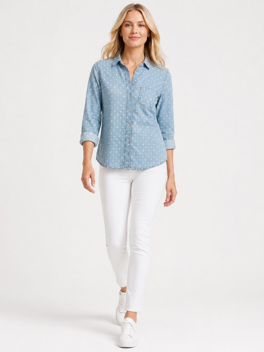 B201 Madewell Small 100 Cotton Blue White Polka Dot Chambray Button Front Shirt
